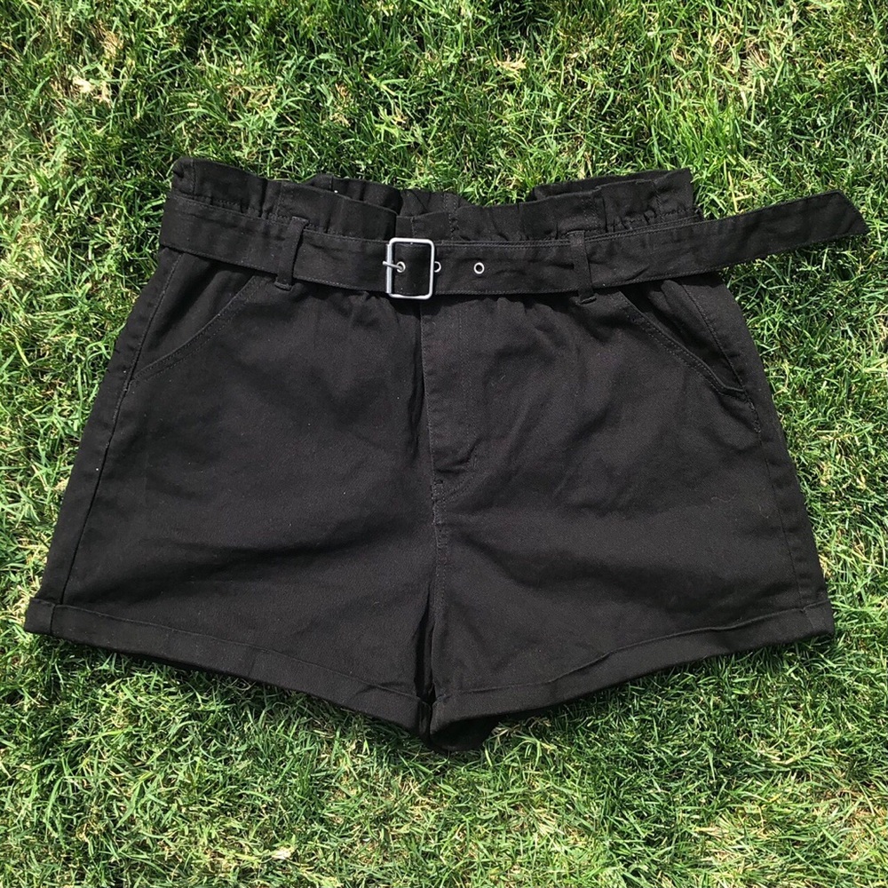black high waisted paper bag shorts